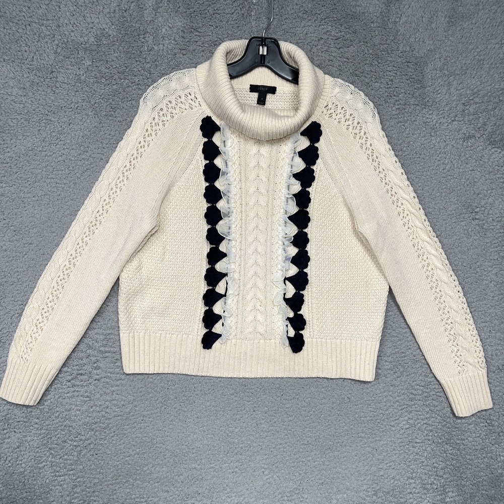 J Crew‎ Sweater Women's Sz S Beige Wool Blend Embellished Cable Knit Lace Ruffle